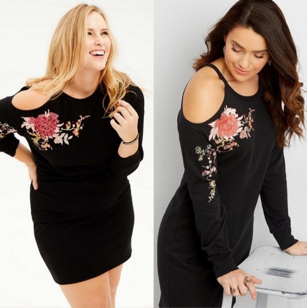 Maurices Single Cold Shoulder Floral Embroidered Dress Women's Large L Black EUC